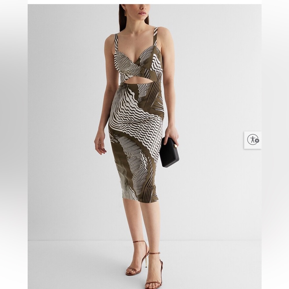 Express Abstract Olive & White Sexy Cutout Midi Dress 8/10 - Picture 11 of 13